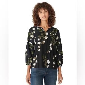 LUCKY BRAND Black Floral Cotton Boho Peasant Blouse Top Cottagecore | Small